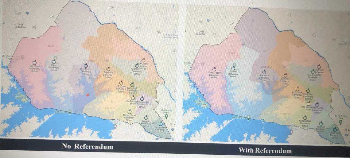 Two versions of the rezoning map that would go into effect depending on the outcome of a referendum in Lexington-Richland 5