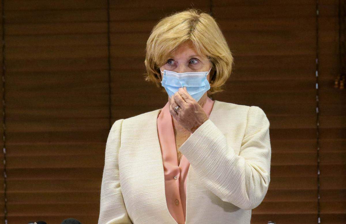 State Superintendent of Education Molly Spearman, encourages the use of masks during a press conference at the South Carolina Medical Association.