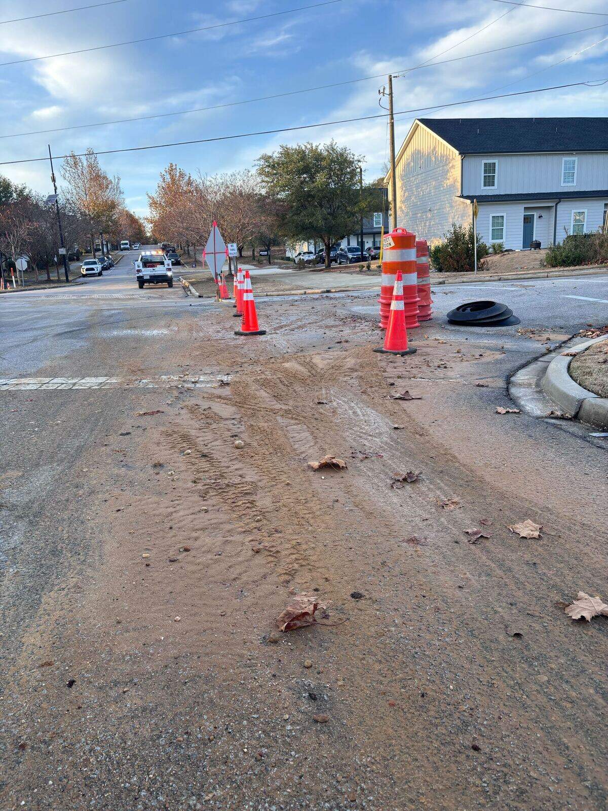 A major water leak flooded a Columbia road in the Rosewood neighborhood Thursday, leaving a significant amount of mud in the road even after crews turned the water off to address the damage.