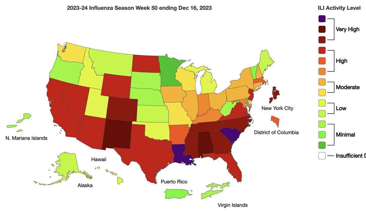 A map showing flu activity levels across the U.S. for the week ending Dec. 16.