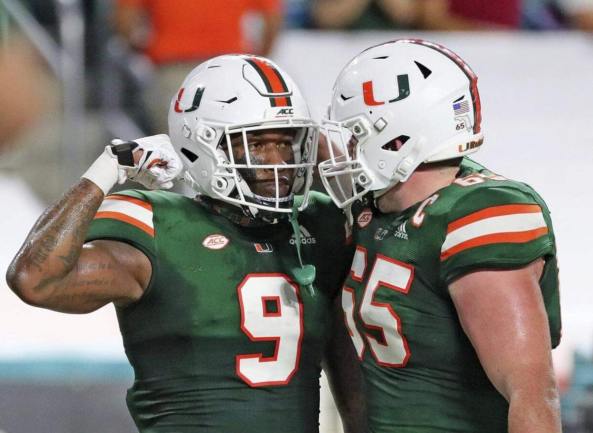Miami tight end Brevin Jordan (9) leads the Hurricanes in receptions this season with 15.