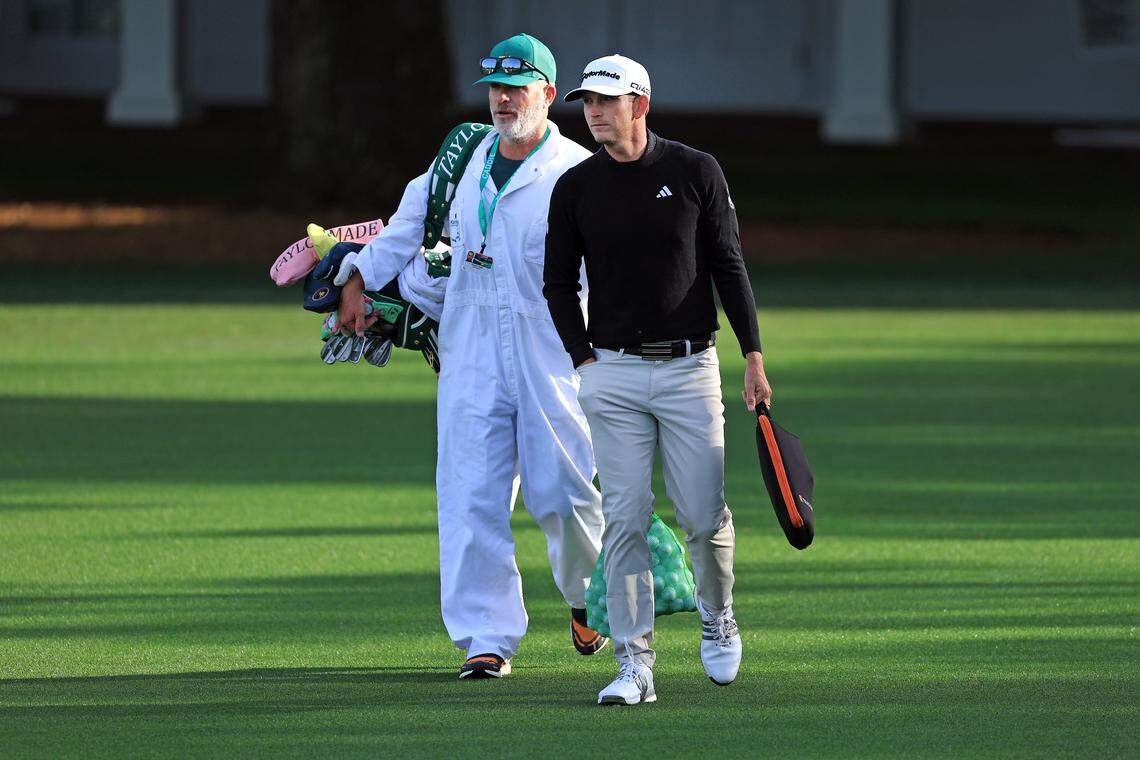 Jacob Bridgeman walks to the practice range Monday during a practice round prior to the 2026 Masters Tournament,