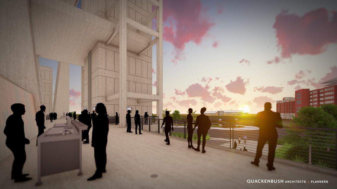 An expanded concourse area at Williams-Brice Stadium overlooks Bluff Road and toward Gamecock Park and the Long Family Football Operations Center.