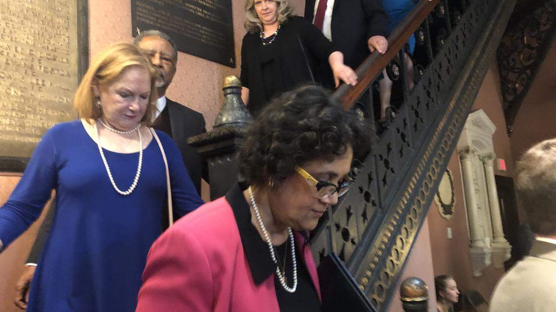 State Judge Alison Lee leaves the General Assembly area after being defeated for a Court of Appeals post Wednesday.