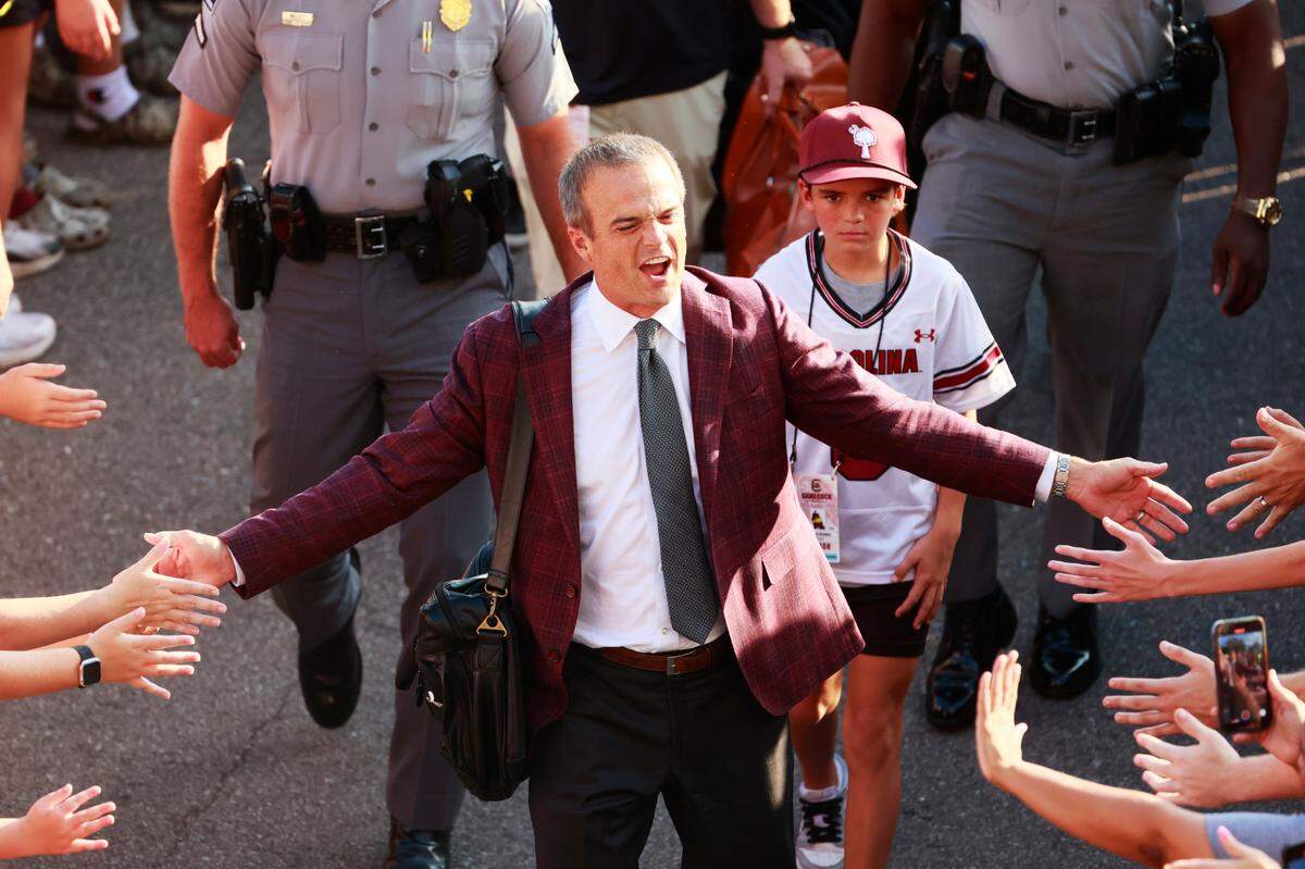 The South Carolina Gamecocks enter Williams-Brice Stadium before playing Akron on Saturday, September 21, 2024. 