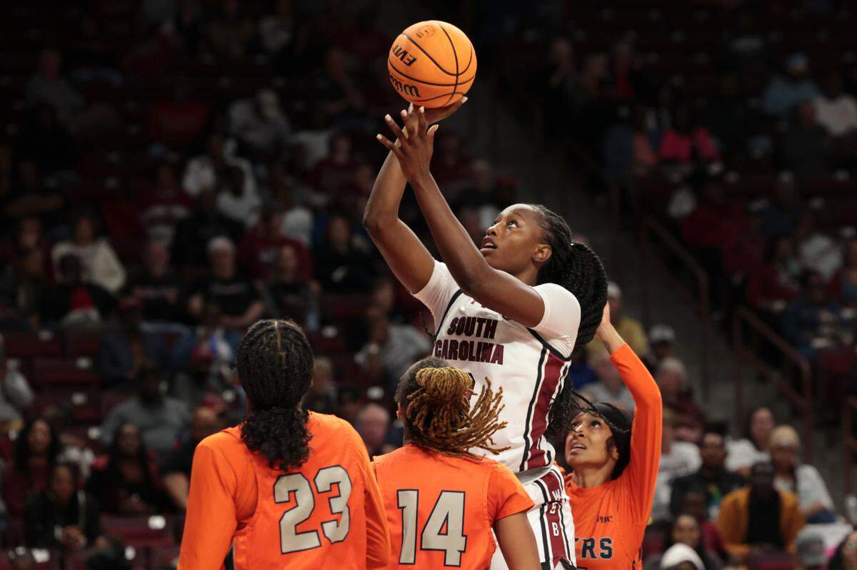 University of South Carolina forward Joyce Edwards (8) shoots as Clayton State’s Kyla Greene (23) and Jasmyn Burts (14) defend during the second half of action in the Colonial Life Arena on Monday, Oct. 28, 2024.