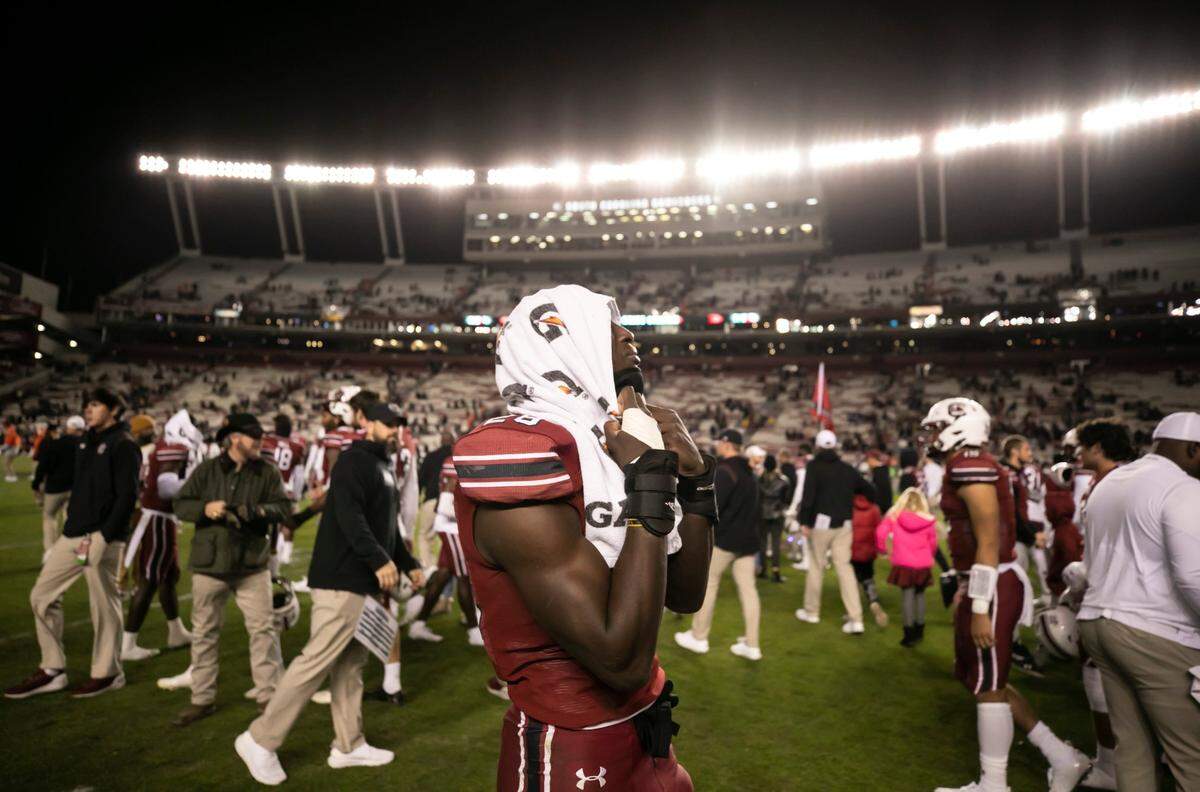 Dominick Hill reacts to the Gamecocks’ loss to Clemson at Williams-Brice Stadium on Saturday, November 27, 2021.