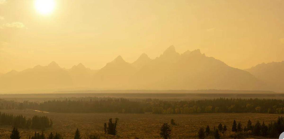 Air pollution can cause hazy conditions in national parks, obliterating views of iconic landscapes. This photo is of Grand Teton National Park in Wyoming.