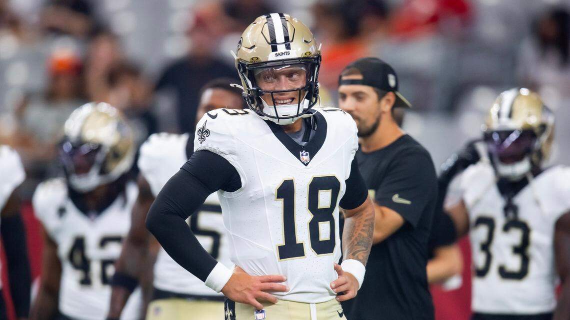 New Orleans Saints quarterback Spencer Rattler (18) against the Arizona Cardinals during a preseason NFL game on Saturday