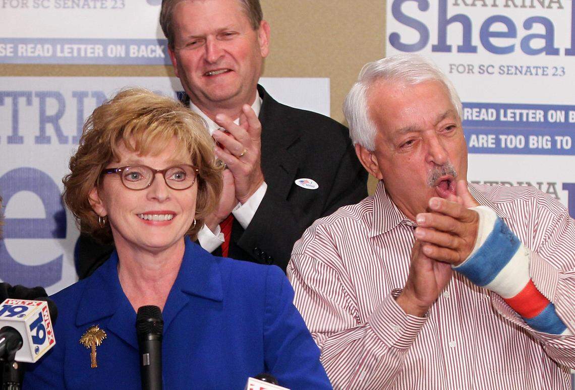 Katrina Shealy greets supporters at the Wingate By Wyndham after the polls that came in indicate that she beat Jake Knotts for a SC Senate seat. She is surrounded by her husband Jimmy Shealy, right, and Chairman of the Republican Party Lexington County, Steve Isom.