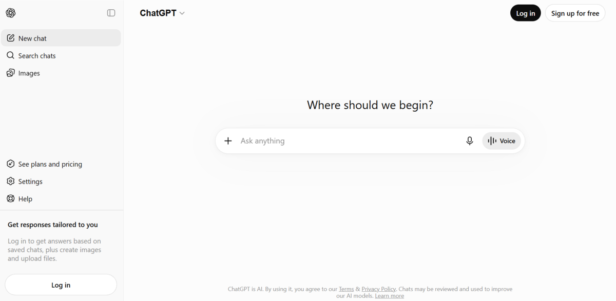 A screenshot of the ChatGPT home screen.