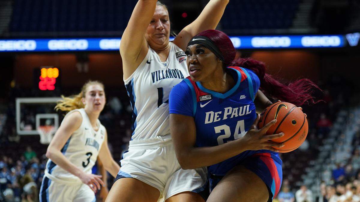 Mar 4, 2023; Uncasville, CT, USA; DePaul Blue Demons forward Aneesah Morrow (24) drives the ball against Villanova Wildcats forward Megan Olbrys (14) in the second half at Mohegan Sun Arena.