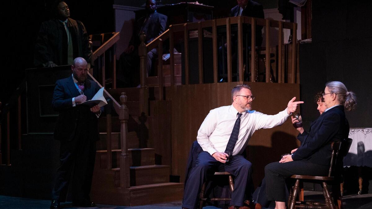 A dress rehearsal for Composure, a play by Jason Stokes, at Trustus Theatre on Tuesday, August 9, 2022. In this scene, a moment recalled by a witness in James H. Tillman’s murder trial is dramatized.