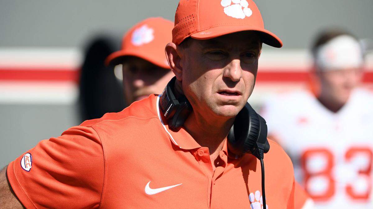 Clemson Tigers head coach Dabo Swinney looks on prior to a game against the North Carolina State Wolfpack at Carter-Finley Stadium on Oct 28, 2023 in Raleigh, NC.