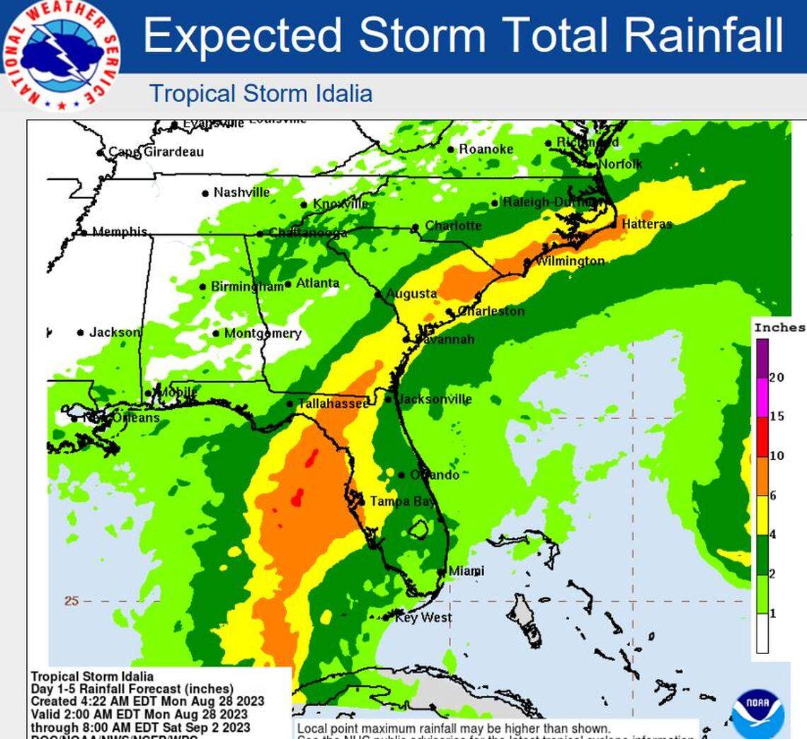 The rainfall forecast for Tropical Storm Idalia.