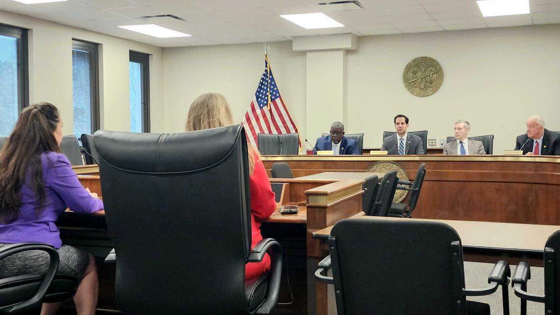 Taylor Wilson, director of government affairs at the Alzheimer’s Association (left) and Connelly-Anne Ragley, legislative liaison for the state’s Department of Social Services, testify before a Senate panel about a bill that would create a statewide plan to address Alzheimer’s and other related dementias on Thurs., March 2, 2023.