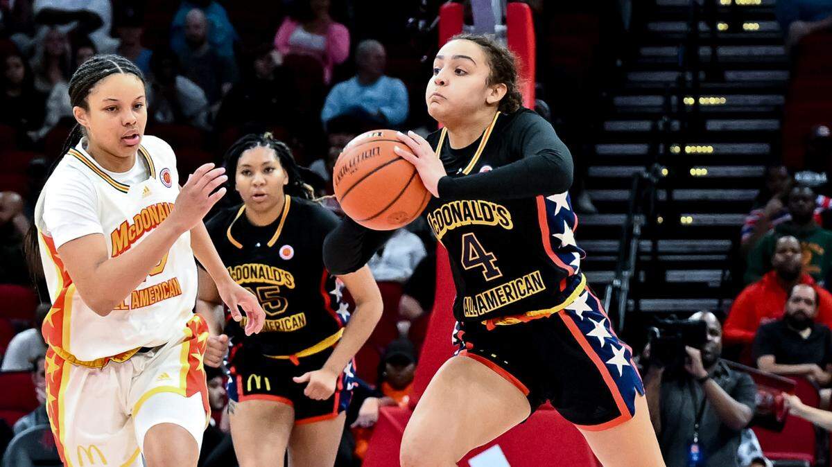 From March 28, 2023: McDonald’s All American West guard Tessa Johnson (4) looks to pass the ball during the second half at Toyota Center.