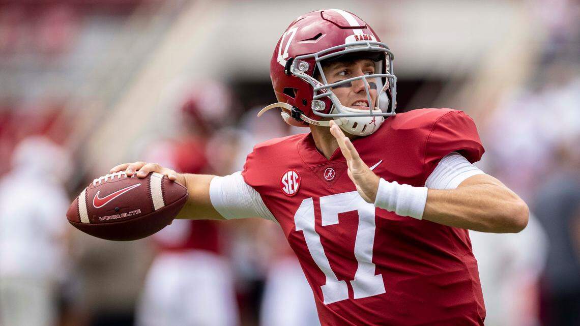 Alabama quarterback Paul Tyson (17) warms up before an NCAA college football game against Mississippi, Saturday, Oct. 2, 2021, in Tuscaloosa, Ala. (AP Photo/Vasha Hunt)