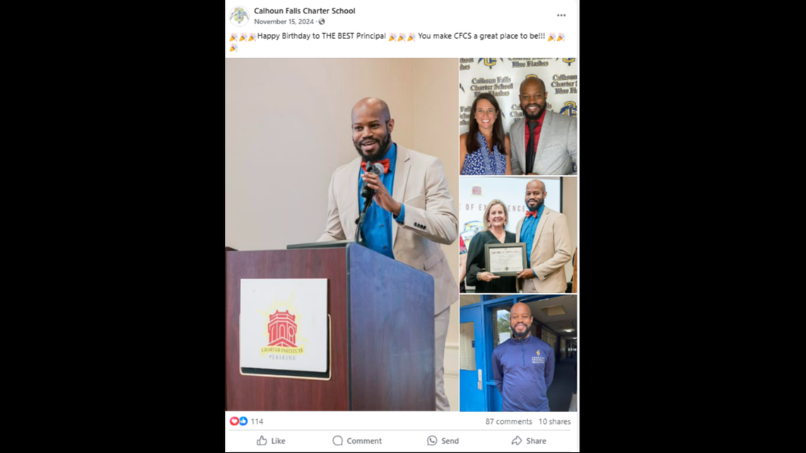 Calhoun Falls Charter School’s Facebook page wished a happy birthday to principal Kalan Rogers on Nov. 15, 2024. Rogers, 31, had been indicted a month prior on a charge of sexual battery with a student at his former school.