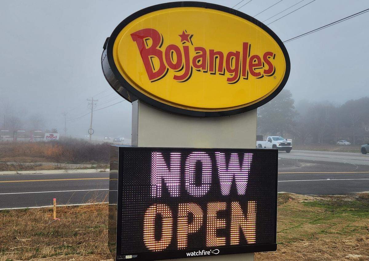 A sign announces Bojangles at 109 Bo Tire Way, near Hwy. 378, in Lexington is now open.