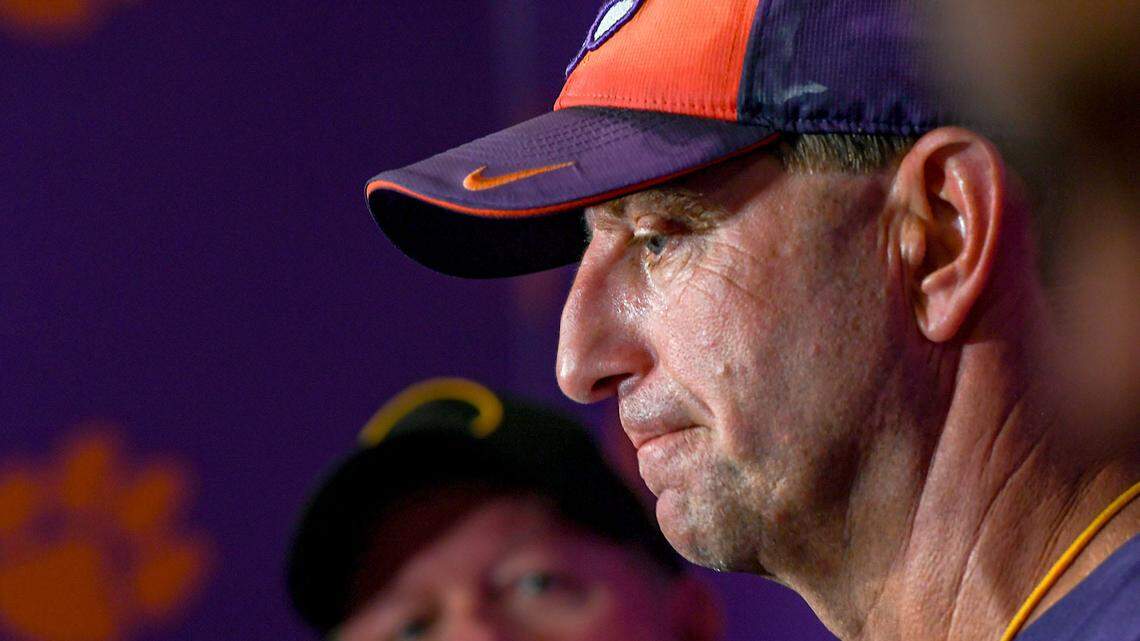Clemson head coach Dabo Swinney talks with media in the media room at Memorial Stadium in Clemson, Satuday, August 10, 2024.