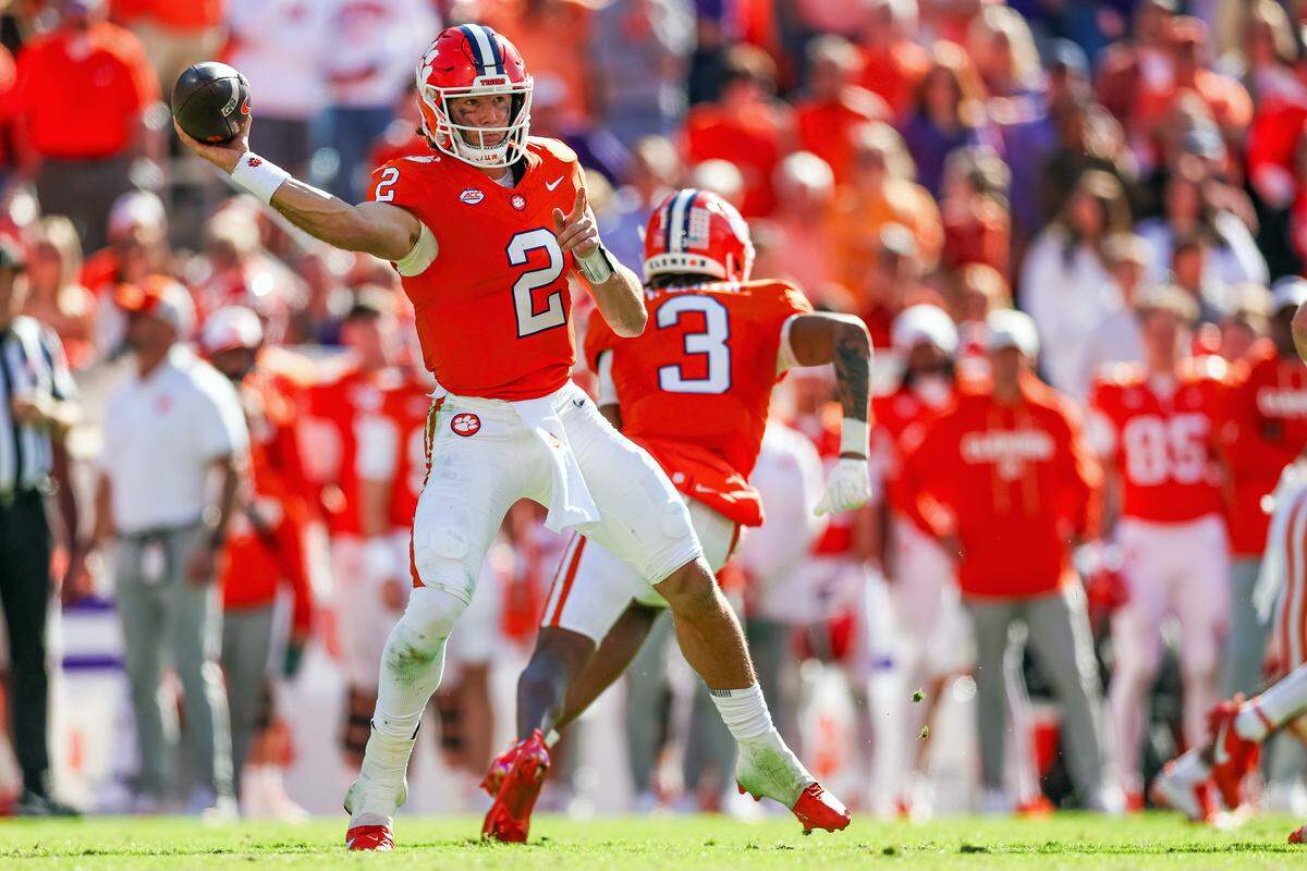 CLEMSON, SOUTH CAROLINA - NOVEMBER 01: Cade Klubnik #2 of the Clemson Tigers passes the ball during the second half of a football game against the Duke Blue Devils at Memorial Stadium on November 01, 2025 in Clemson, South Carolina.