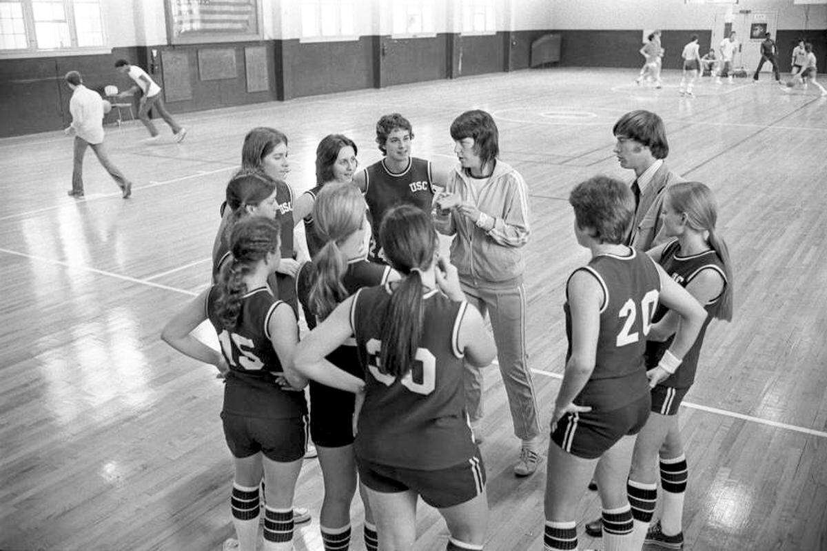 Jan. 1, 1974: Coach Pam Backhaus at practice with the Carolina Chicks, the University of South Carolina women’s basketball team. The University had recently added several women’s sports, which were formerly club activities, under the direction of the USC Athletics Department.