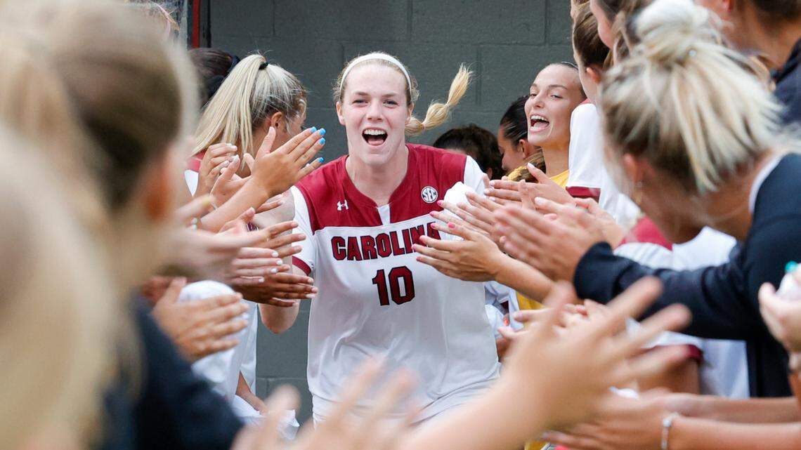 Catherine Barry enters the field to play Florida State University at Eugene Stone Stadium on Thursday, Aug. 18, 2022