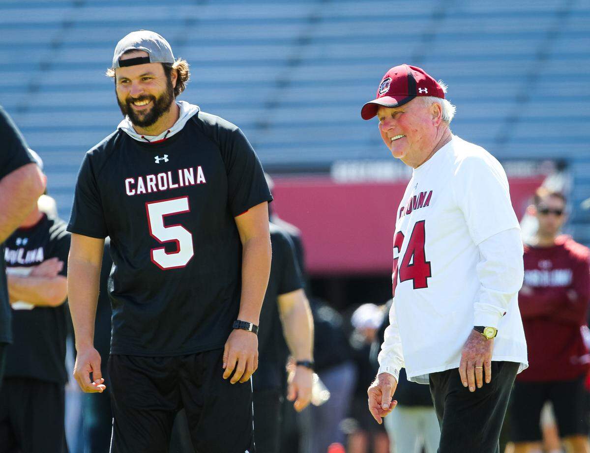 Stephen Garcia and Humpy Wheeler during the alumni game before the Garnet and Black spring game at Williams-Brice Stadium in Columbia, SC, Saturday, March 31, 2018.