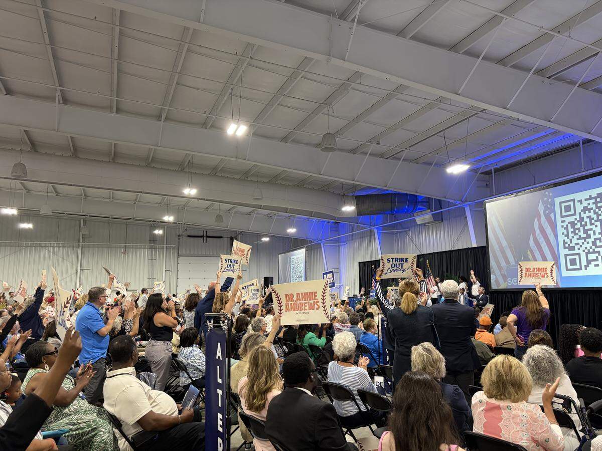 Supporters cheer for U.S. Senate candidate Annie Andrews during the South Carolina Democratic Party convention in Columbia on May 30, 2026.