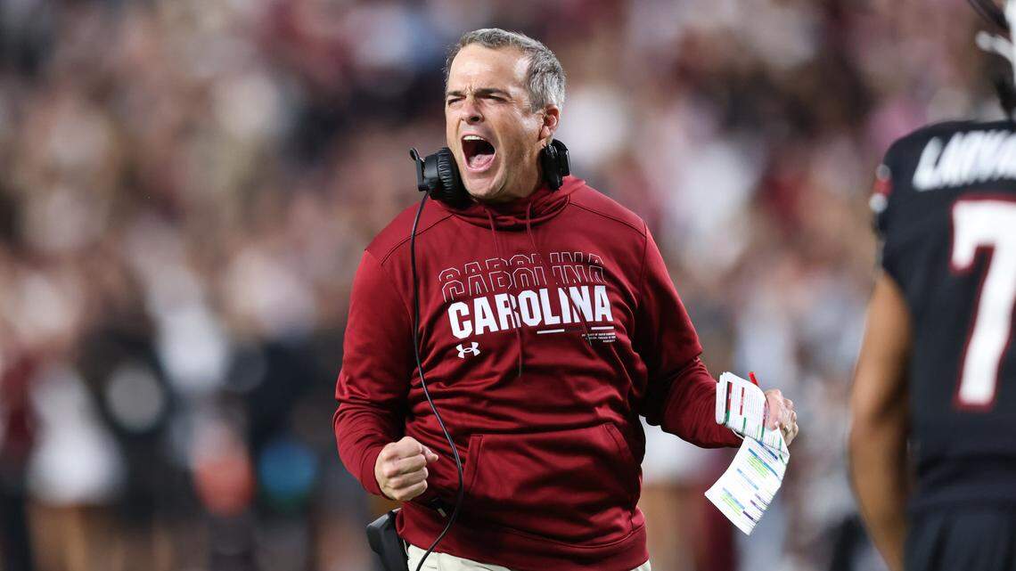 South Carolina head coach Shane Beamer cheers after a long pass during the first half of the Gamecocks’ game against Missouri at Williams-Brice Stadium in Columbia on Saturday, November 16, 2024.