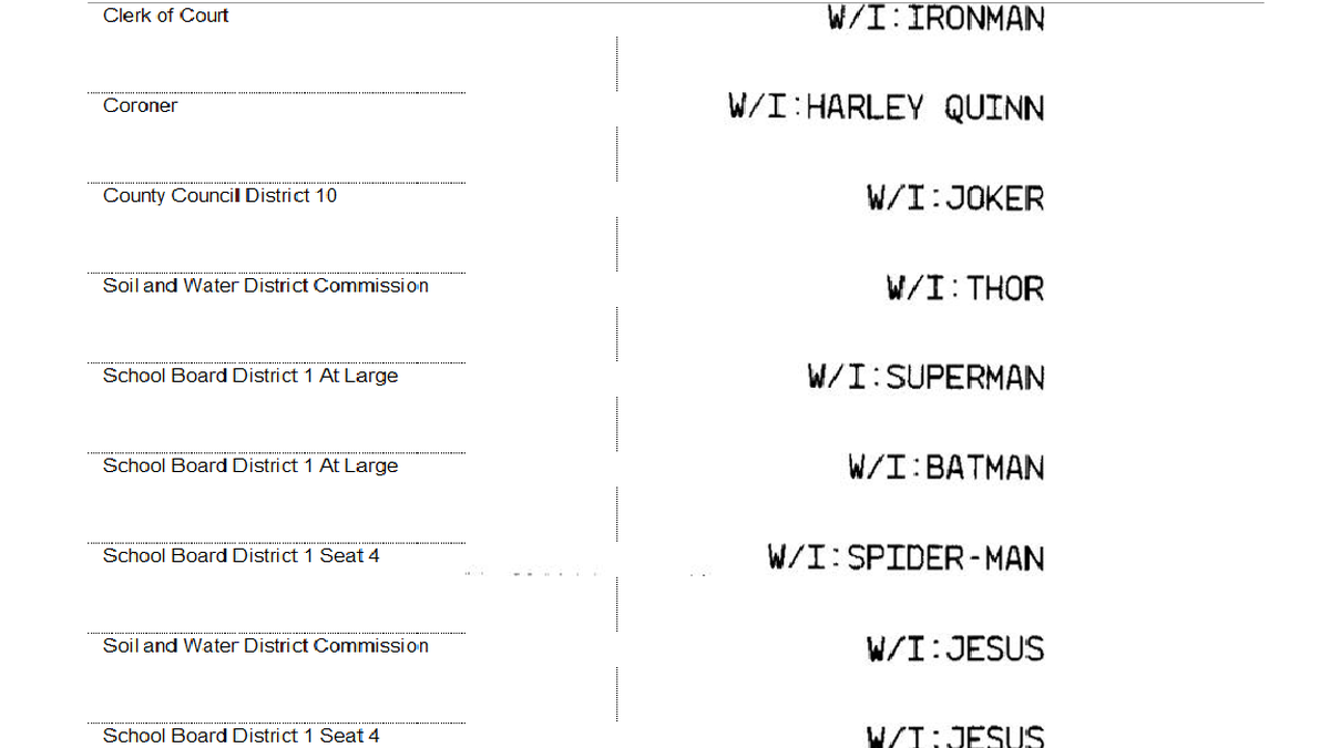 A snapshot of write-in candidates submitted by Richland County voters included a plethora of fictitious characters, superheros and villians.