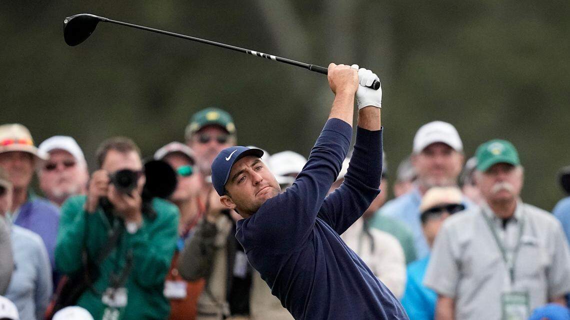 Scottie Scheffler tees off on the eighth hole during the second round at the Masters golf tournament on Friday, April 8, 2022, in Augusta, Ga. (AP Photo/David J. Phillip)