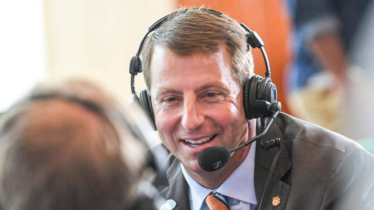 Clemson head coach Dabo Swinney talks on radio row during the ACC Football Kickoff in Charlotte, N.C. Wednesday, July 20, 2022.