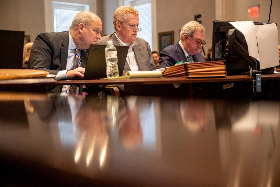 Defense attorney Jim Griffin, Alex Murdaugh and Dick Harpootlian listen in the double murder trial of Alex Murdaugh at the Colleton County Courthouse in Walterboro, Wednesday, Jan. 31, 2023. Andrew J. Whitaker/The Post and Courier/Pool