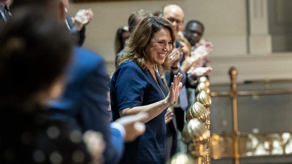 Letitia Verdin waves from the balcony after officially being elected as a member of the South Carolina Supreme Court during a joint session of the legislation on Wednesday June 5, 2024.