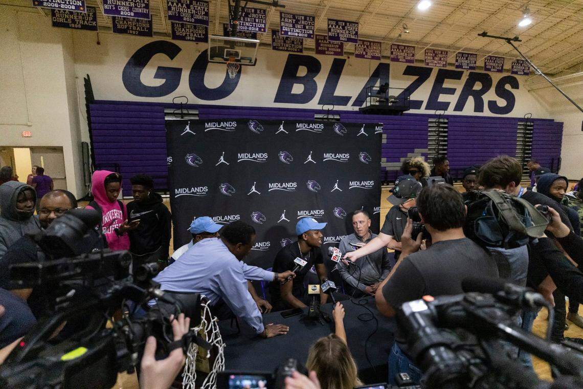 Five-star basketball player GG Jackson, who announced his decision to attend the University of North Carolina, speaks to the media on Wednesday, April 27, 2022, in Columbia.