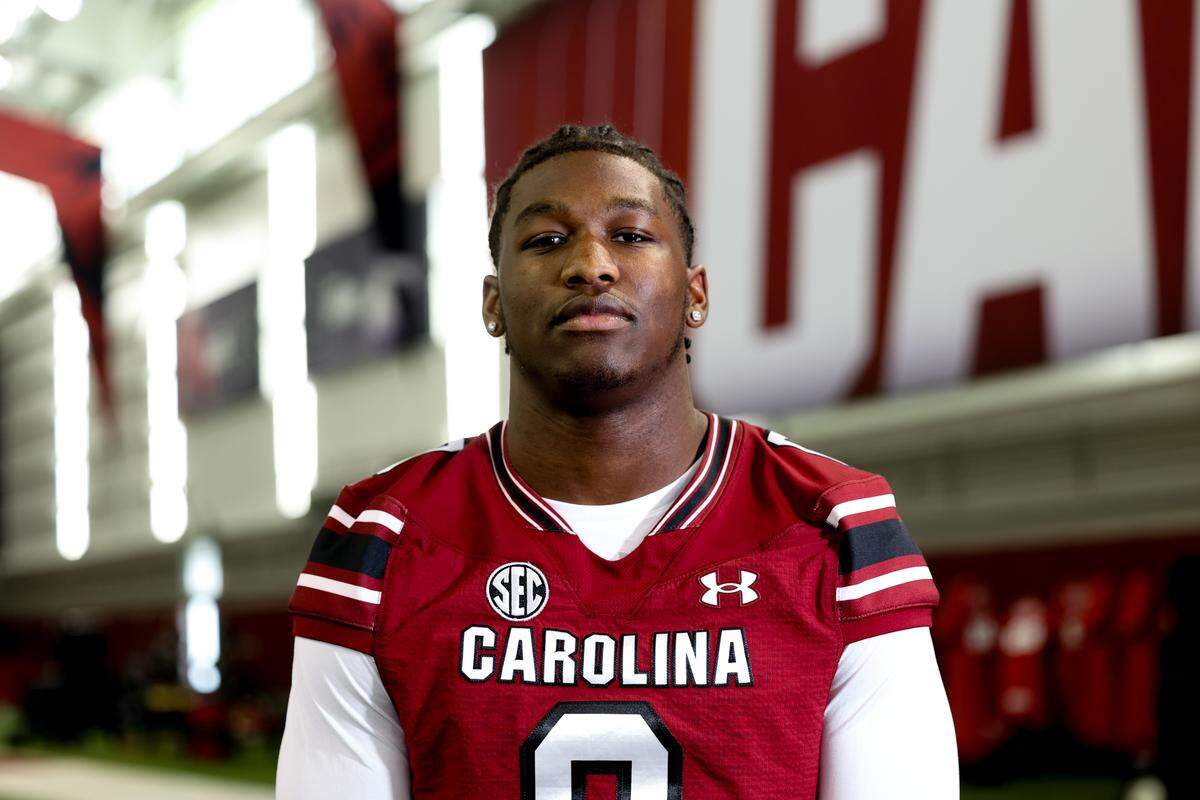 Fred “JayR” Johnson during media day for the University of South Carolina football team inside the Jerri and Steve Spurrier indoor practice facility.