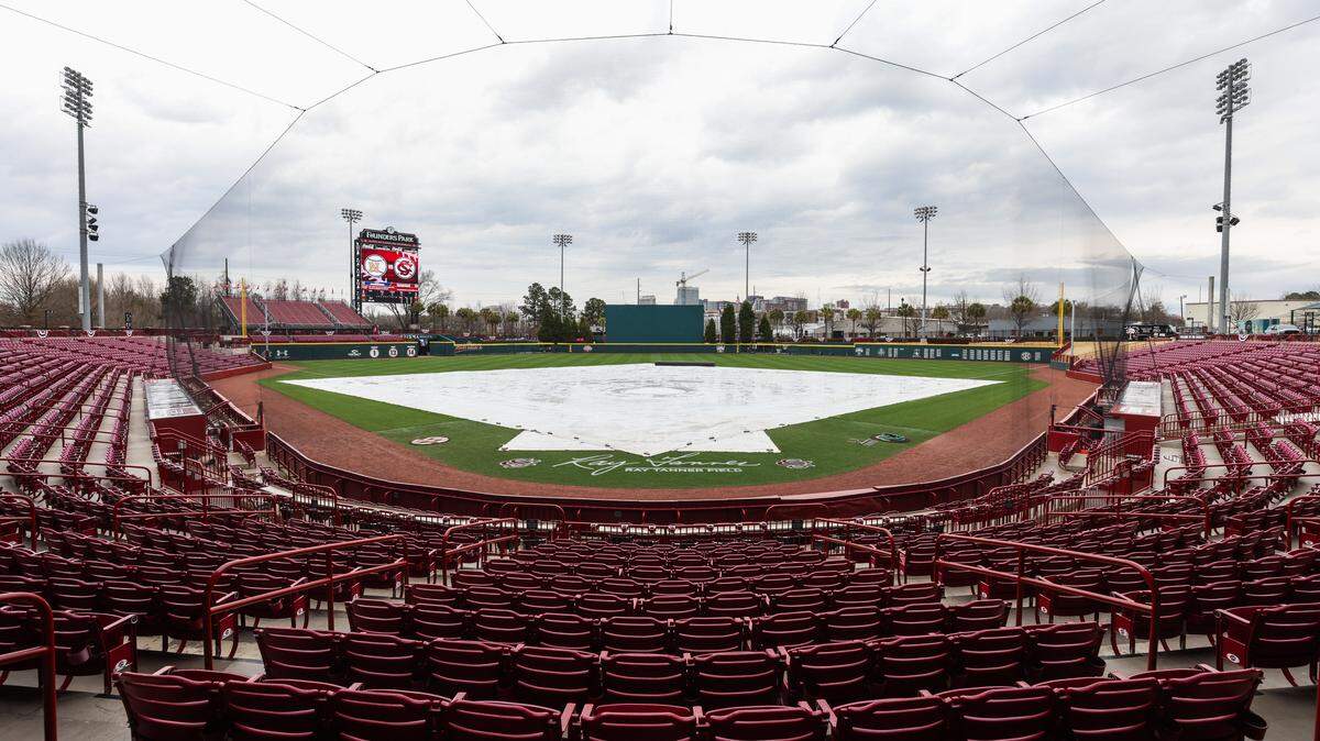 South Carolina also had a weather delay earlier this month at Founders Park before South Carolina’s game against Navy in Columbia on Saturday, February 21, 2026.