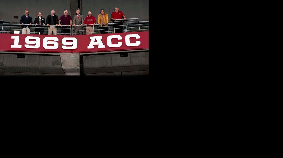 Members of the 1969 USC team, from left, Jim Mitchell, Tommy Suggs, Bill Boyte, Rick Hipkins, Butch Jones, Tyler Hellams, Jake Stone and Jim Pope.