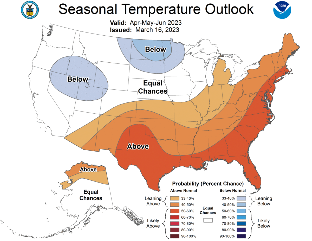 A map showing possible temperatures across the U.S. between April, May and June.