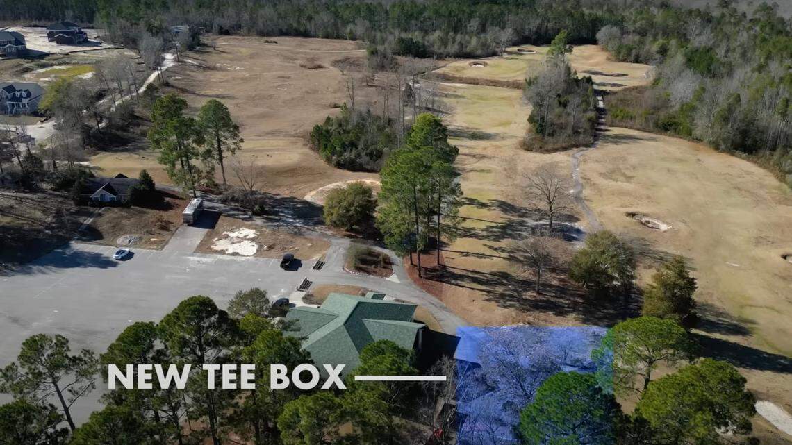An aerial view of the golf course, indicating where a new tee box will be located.