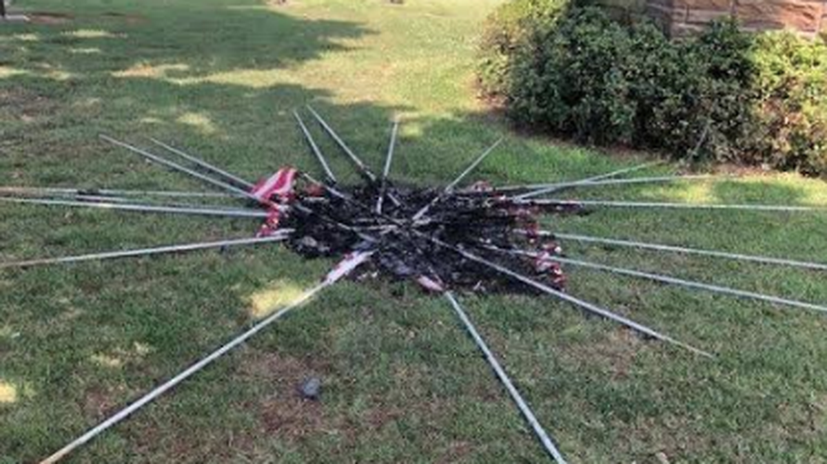 A customer discovered the 21 flags lining the drive at Forest Lawn had been set on fire.