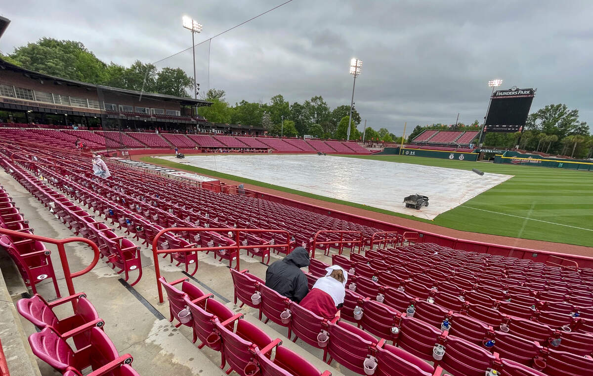 A few fans brave the rain during a weather delay at Founders Park on Friday, April 07, 2023. The University of South Carolina was about to play the third game in a series with LSU when the weather turned cold and rainy.