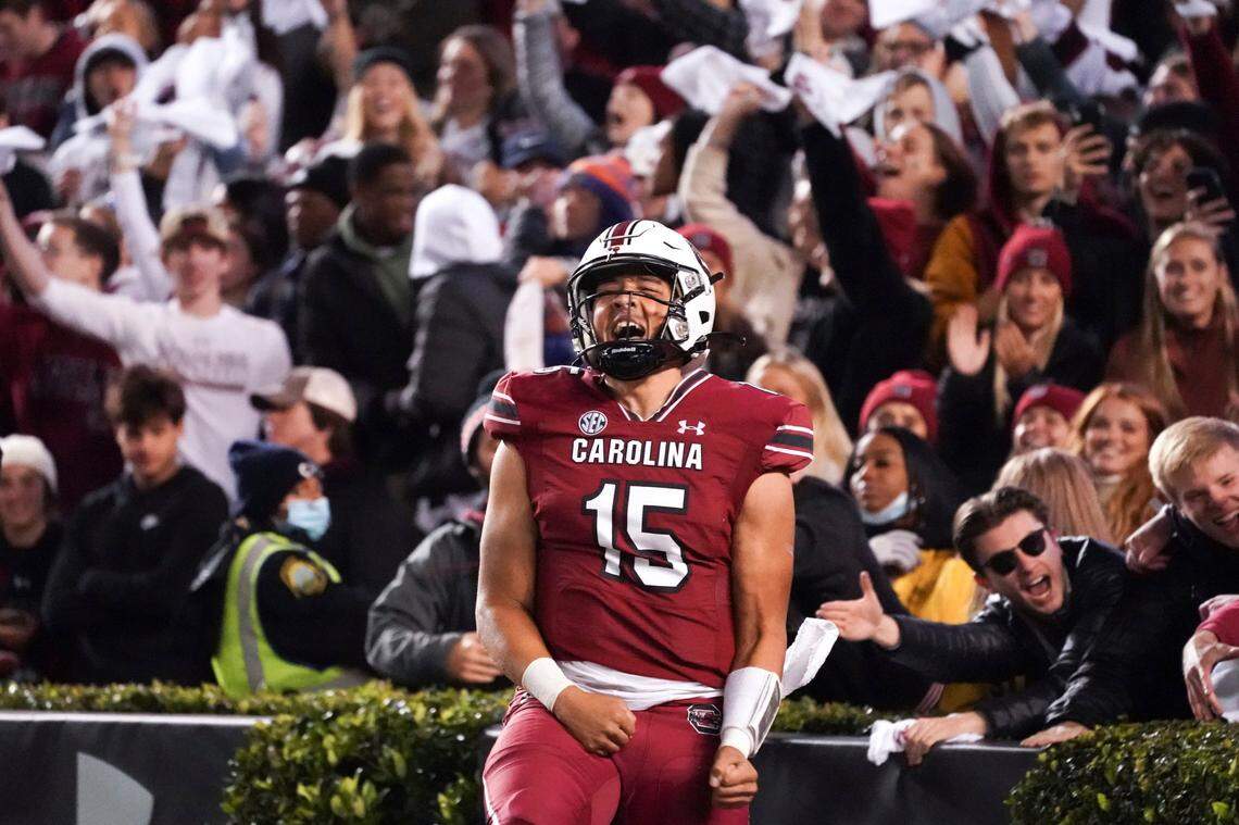 South Carolina quarterback Jason Brown (15) celebrates a touchdown during the first half of the team’s NCAA college football game against Florida on Saturday, Nov. 6, 2021, in Columbia, S.C.