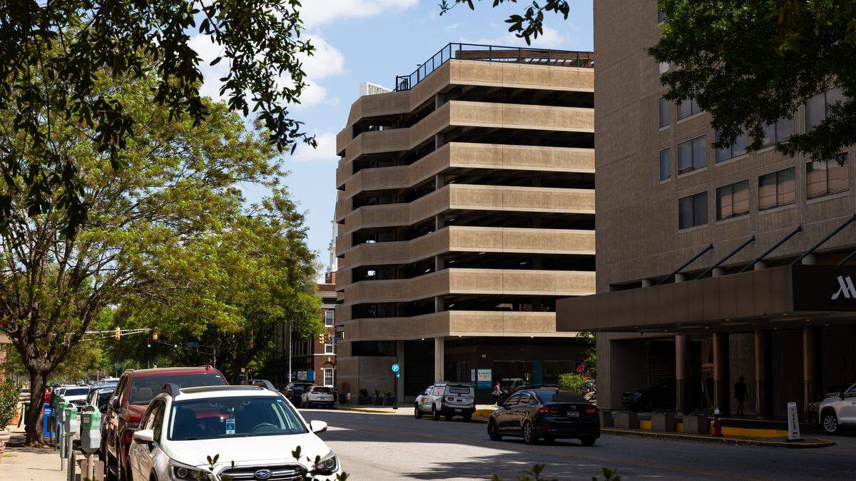 The Sumter Street parking structure in downtown Columbia, South Carolina is also home to several businesses and restaurants.