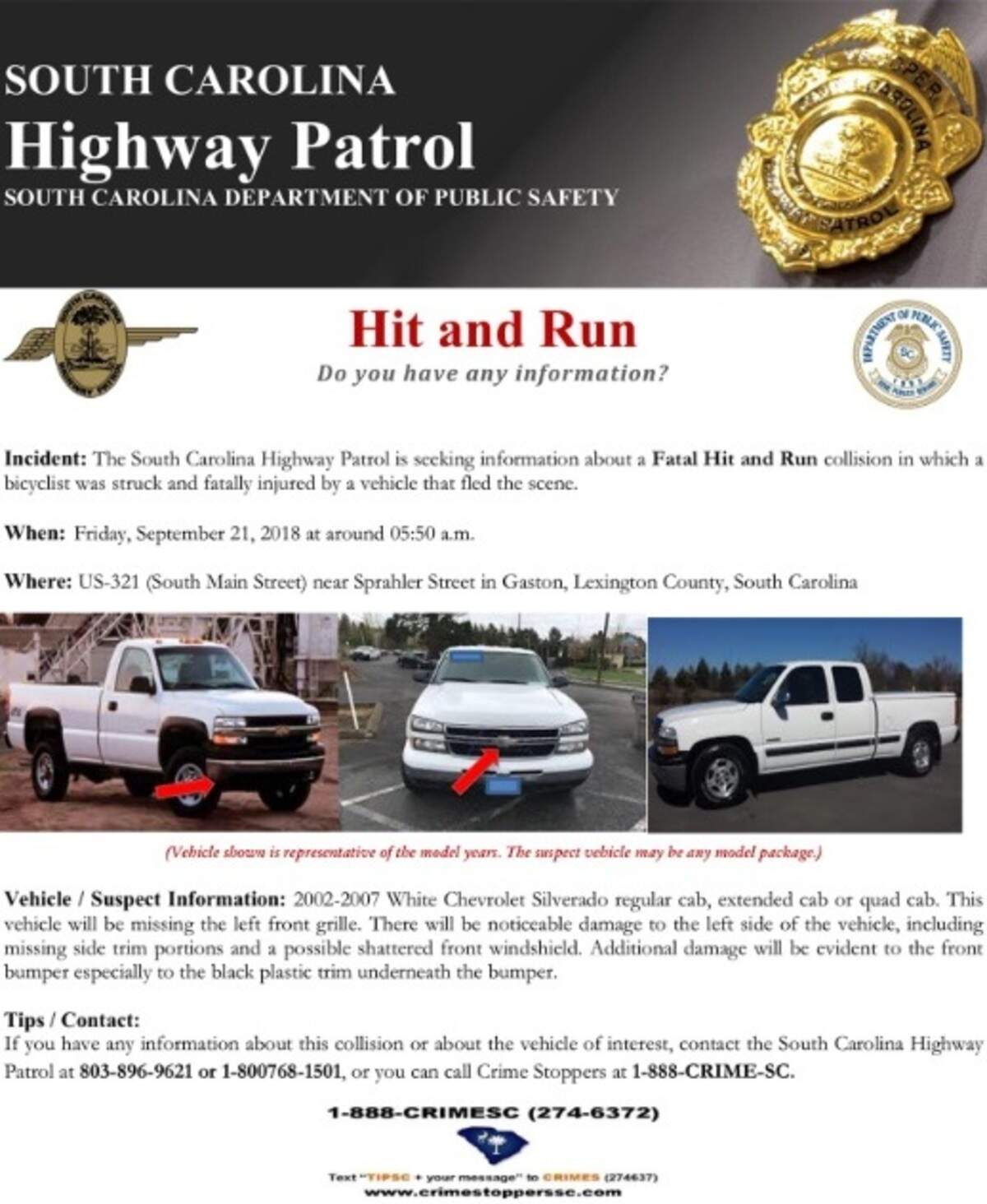 The SCHP put out this flier depicting what the suspected vehicle in Sharpe’s death looked like.
