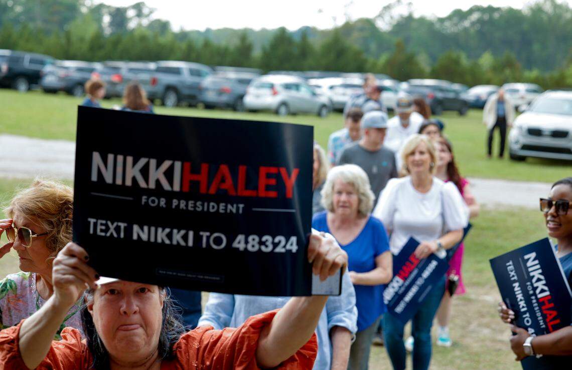 Supporters arrive for a Nikki Haley campaign rally at the Grove in Lexington County on Thursday, April 06, 2023.