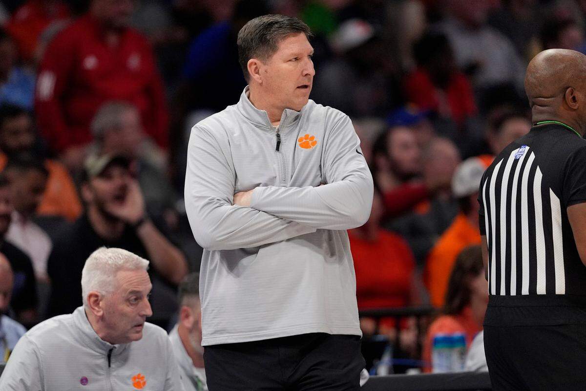 Mar 13, 2025; Charlotte, NC, USA; Clemson Tigers head coach Brad Brownell during the first half against the Southern Methodist Mustangs at Spectrum Center.