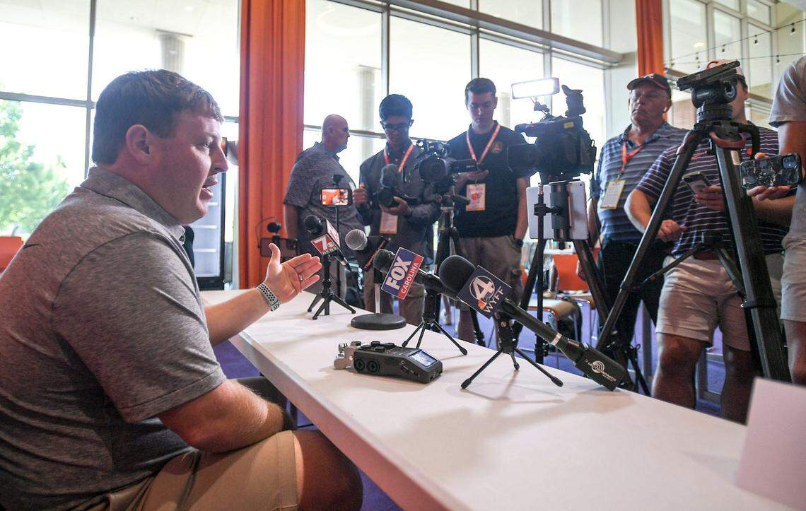 Clemson defensive coordinator Wes Goodwin speaks during the Clemson football Media Outing & Open House at the Allen N. Reeves Football Complex in Clemson, S.C. Tuesday, July 16, 2024.